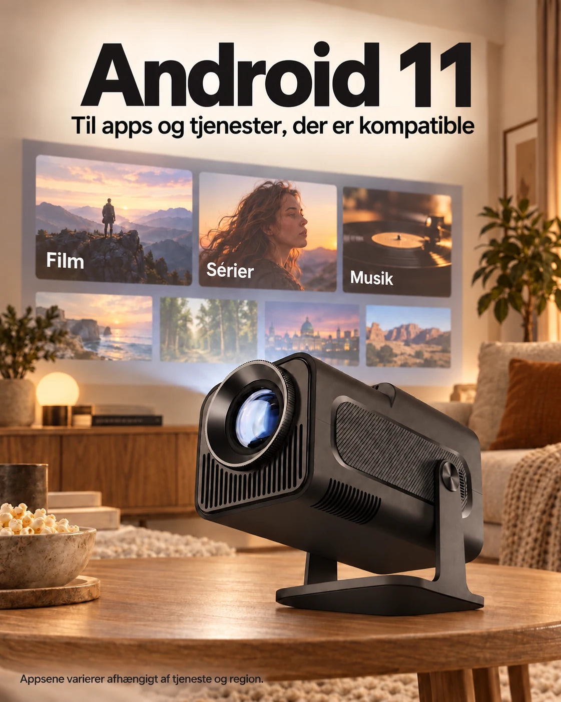 ProjektorLand Nomad Mini projektor – 300 ANSI lumens, oprindelig HD 720p, Android 11, Wi-Fi 6, Bluetooth og 180° rotation