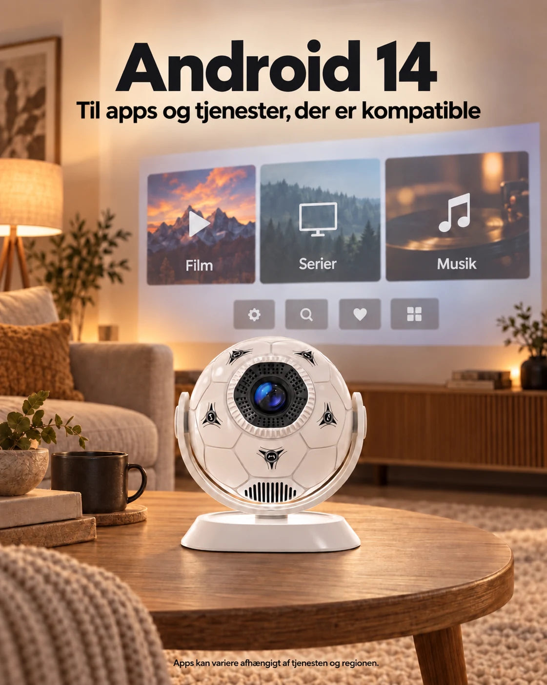 ProjektorLand Orbit mini-projektor – 300 ANSI lumen, Android 14, Wi-Fi, Bluetooth 5.4 og 35–135 tommer billede