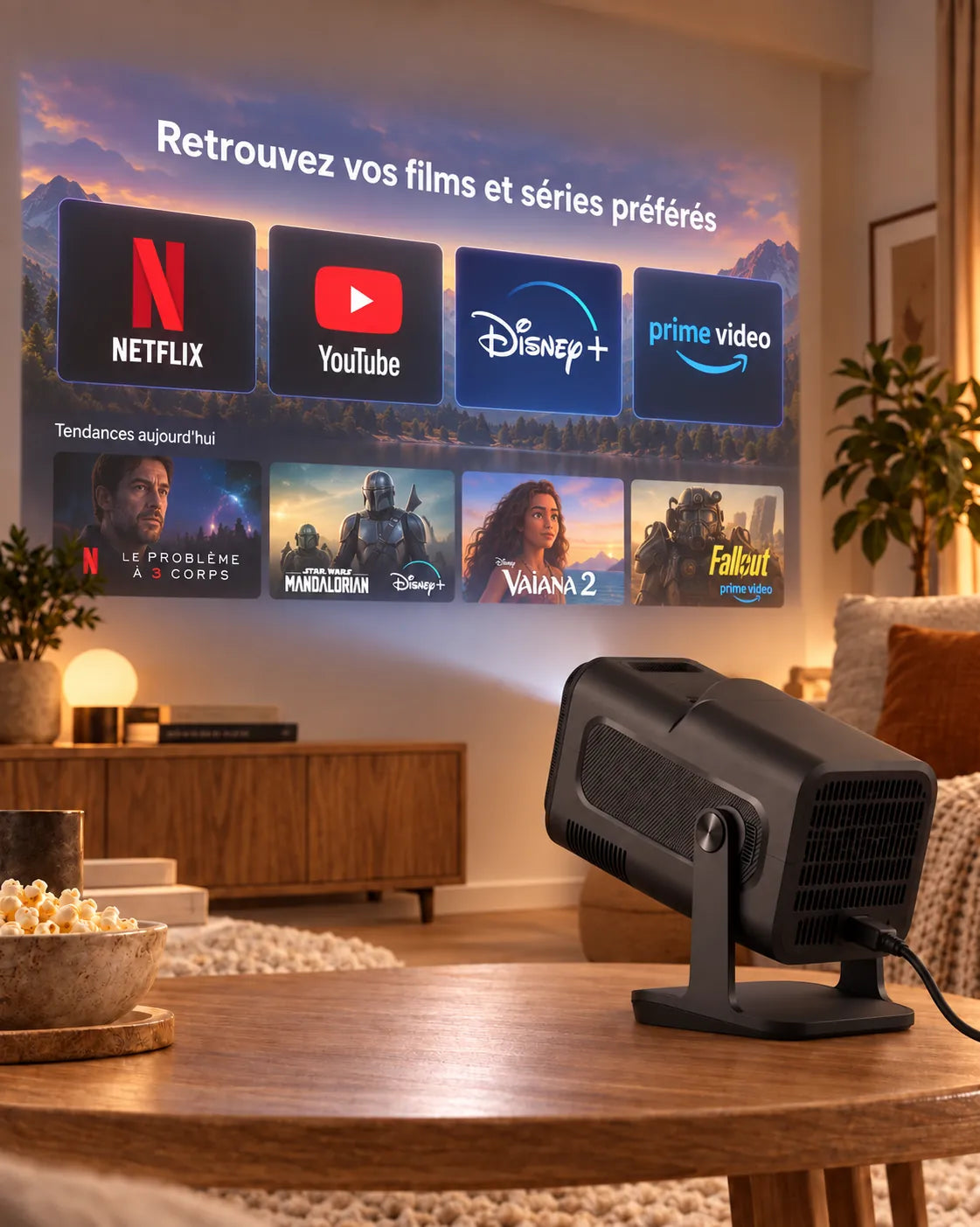 Nomad Mini – Netflix, YouTube, Disney+ og Prime Video projiceret i en stue