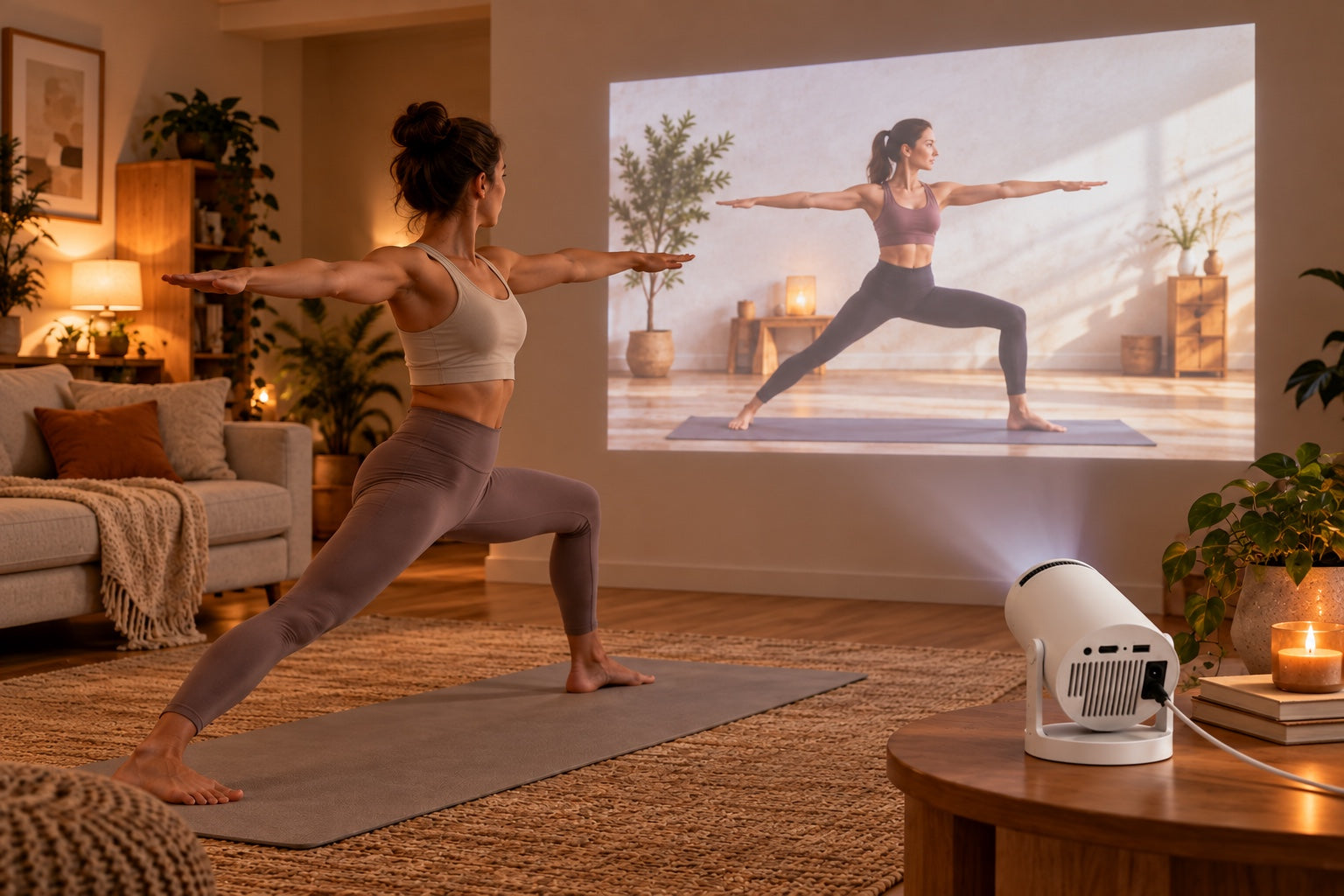 En kvinde følger en yoga-klasse projiceret på væggen med Luma One