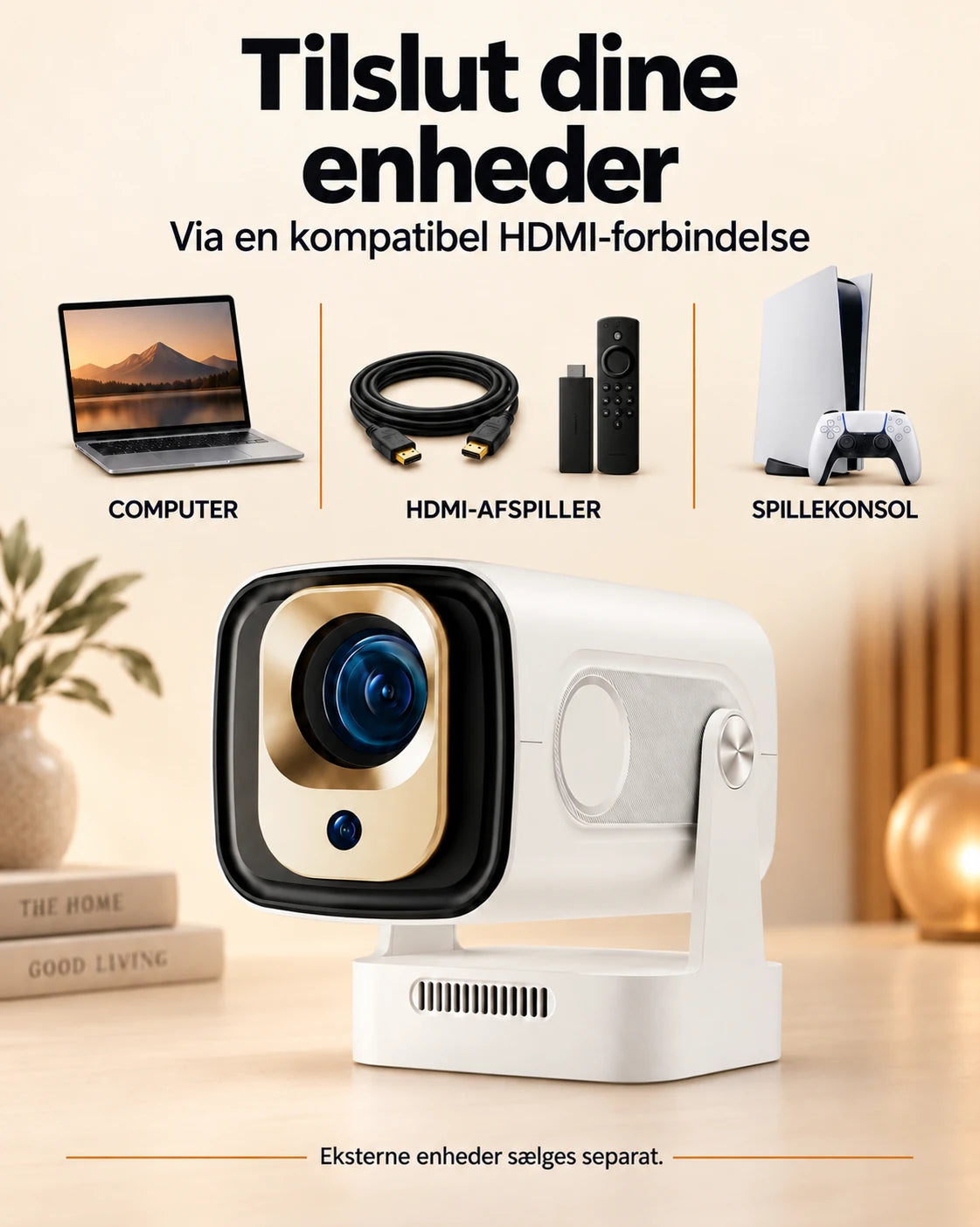 ProjektorLand Nova mini-projektor – 260 ANSI lumen, oprindelig Full HD 1080p, Android, Wi-Fi 6 og Bluetooth 5.4