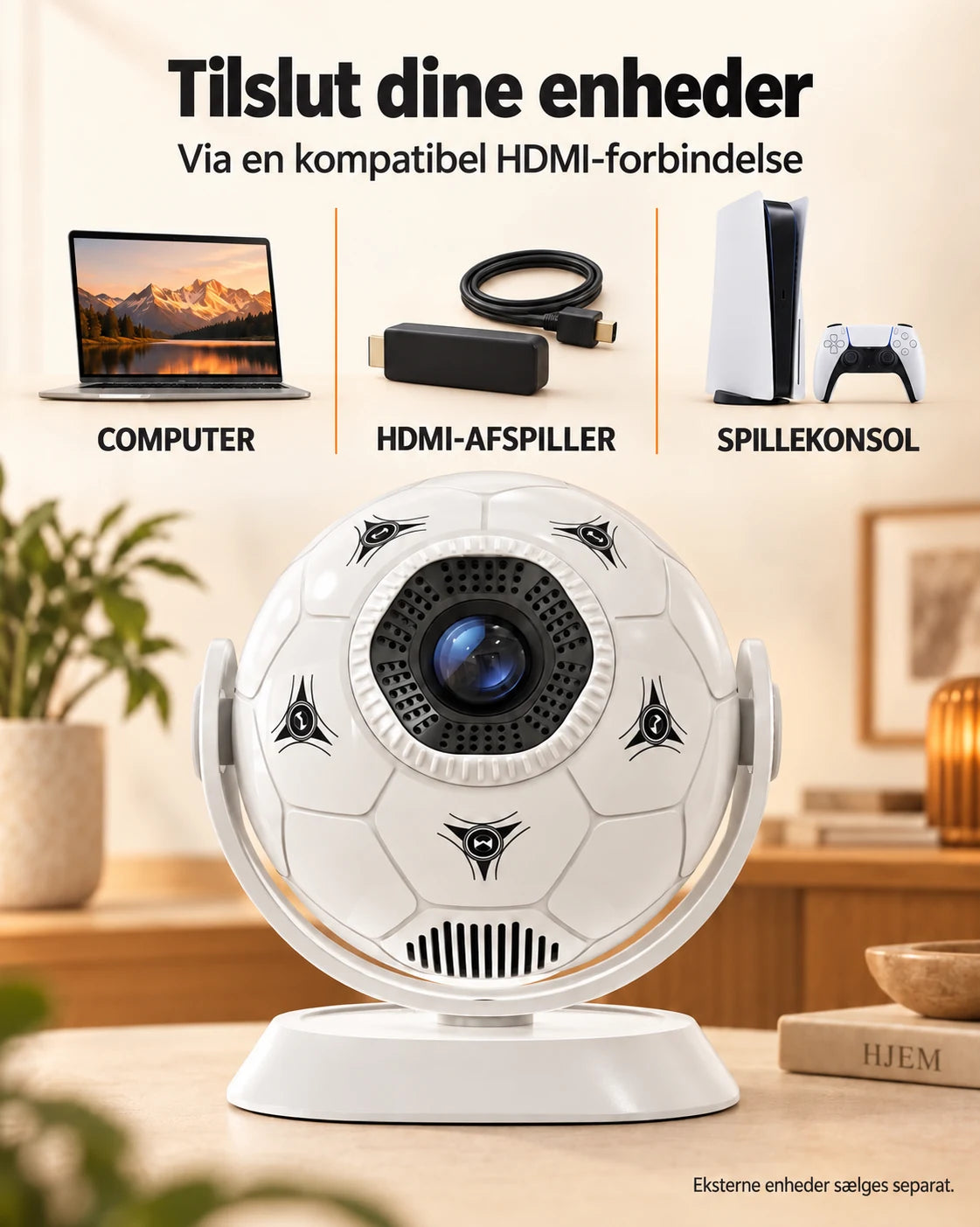ProjektorLand Orbit mini-projektor – 300 ANSI lumen, Android 14, Wi-Fi, Bluetooth 5.4 og 35–135 tommer billede