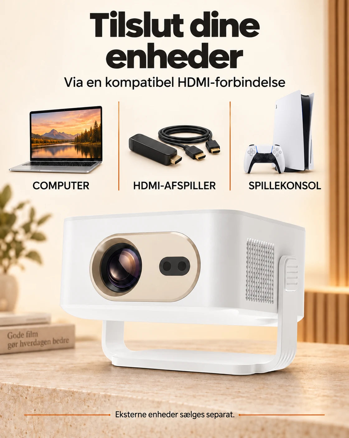 ProjektorLand Vista mini-projektor – 260 ANSI lumen, oprindelig HD 720p, autofokus og Android 11