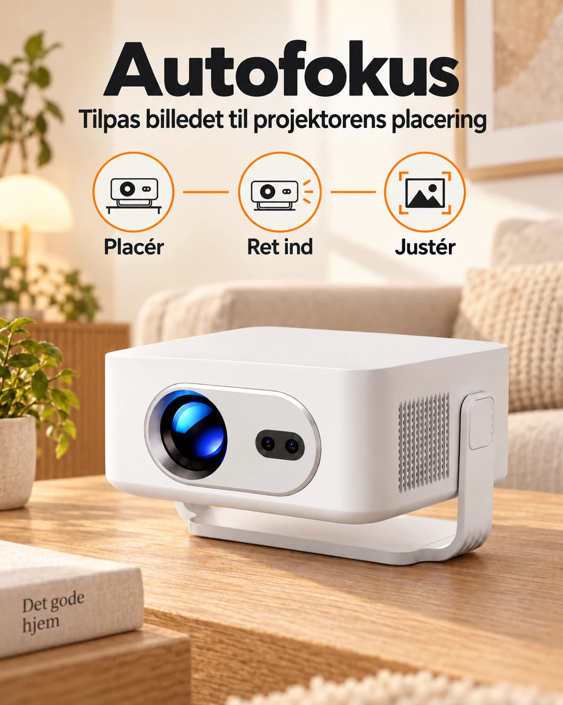 ProjektorLand Vista Max mini-projektor – 260 ANSI lumen, oprindelig HD 720p, autofokus, Android 14 og Wi-Fi 6
