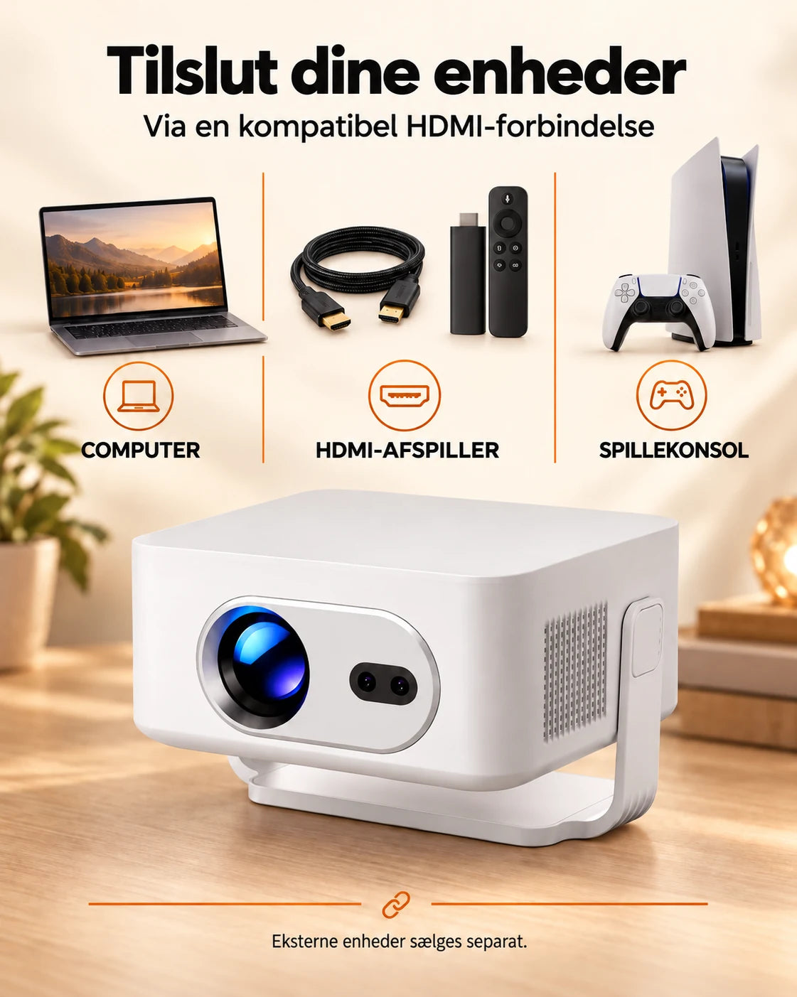 ProjektorLand Vista Max mini-projektor – 260 ANSI lumen, oprindelig HD 720p, autofokus, Android 14 og Wi-Fi 6