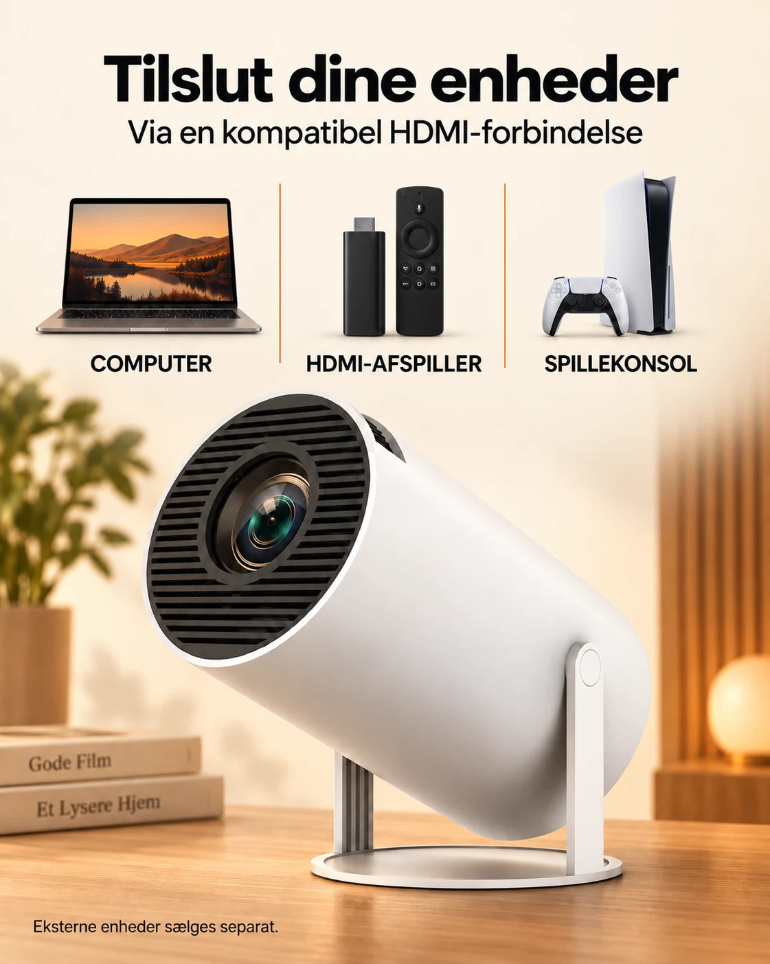 ProjektorLand Luma Compact mini-projektor – 200 ANSI lumen, oprindelig HD 720p, Android 14, Wi-Fi 6 og 5 W højtalere