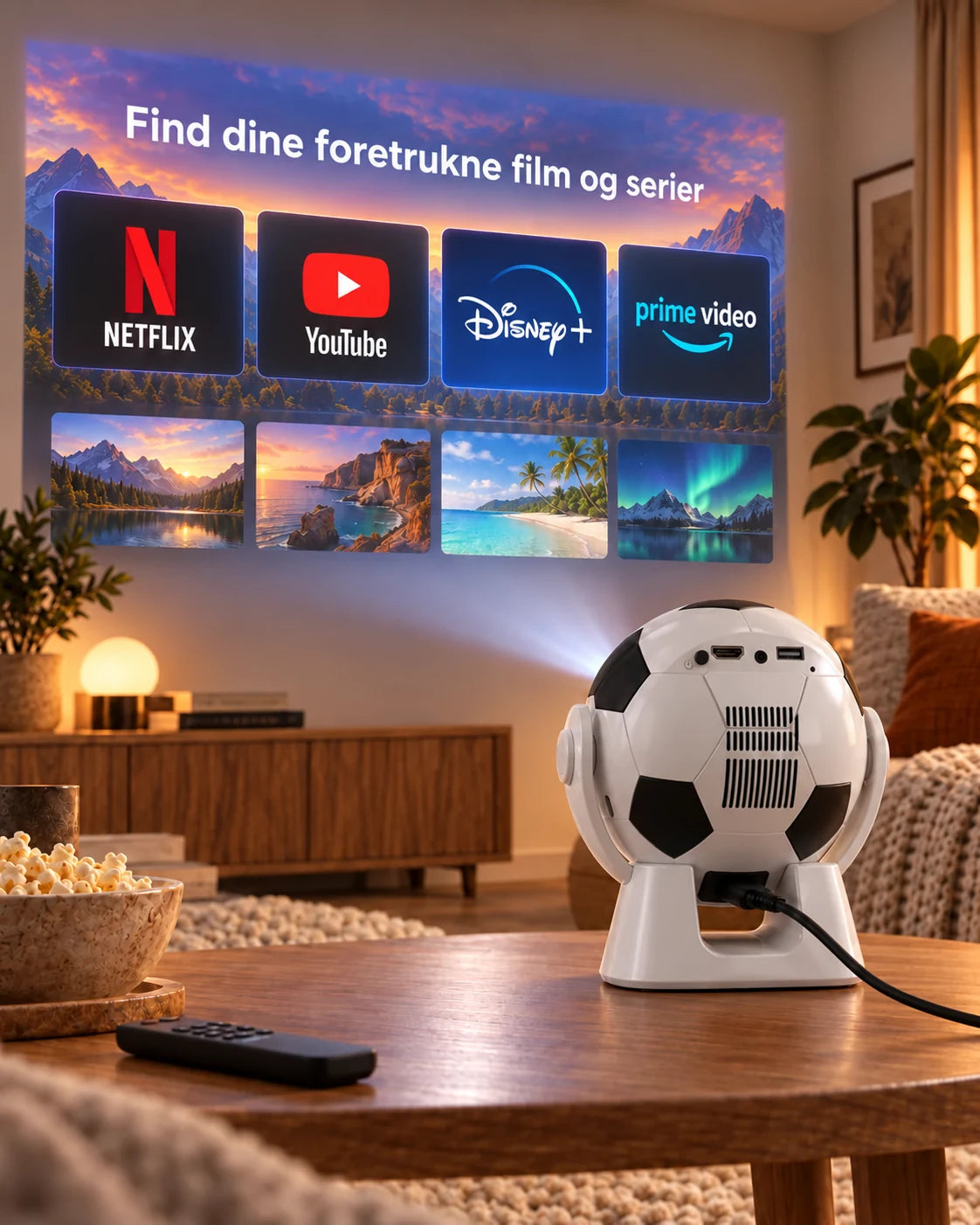 ProjektorLand Orbit mini-projektor – 300 ANSI lumen, Android 14, Wi-Fi, Bluetooth 5.4 og 35–135 tommer billede